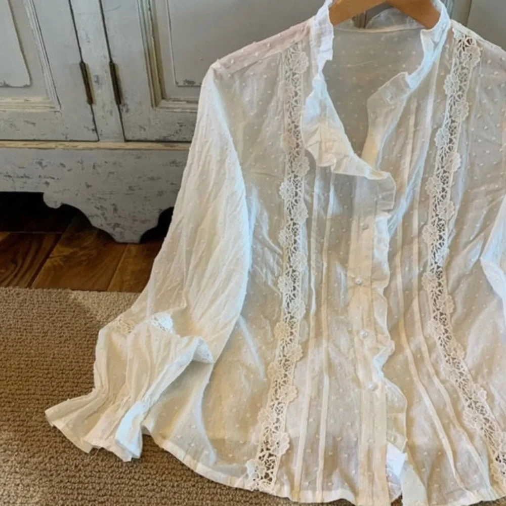 New Swiss Dot Cotton Lace Long Sleeve Button Front Romantic Blouse Top Shirt - Picture 6 of 7